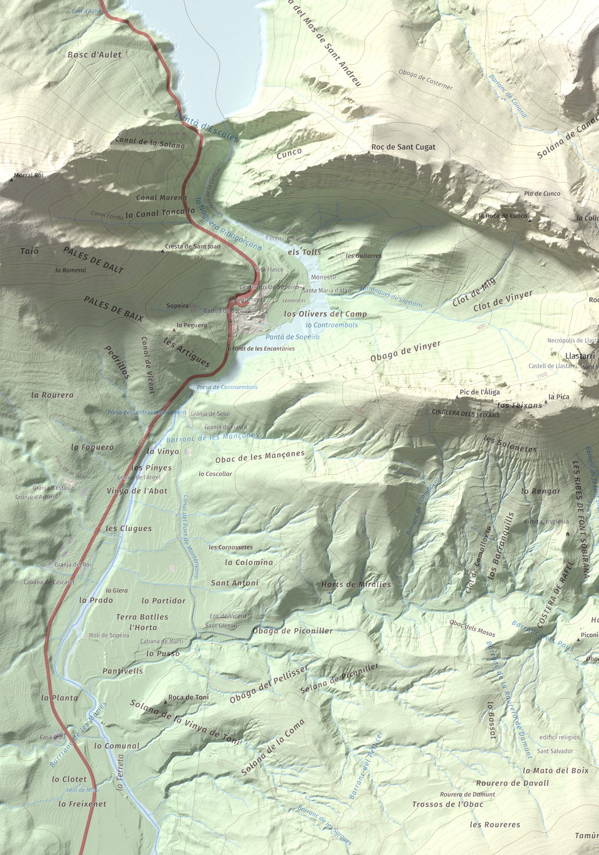 Mapa de relieve de Tossal Gros (Serra de Sant Gervàs), 1546 m, Alta Ribagorça · Pallars Jussà, lámina 100 Cims de Trobart. Detalle de la zona inferior izquierda. 70 × 100 cm.