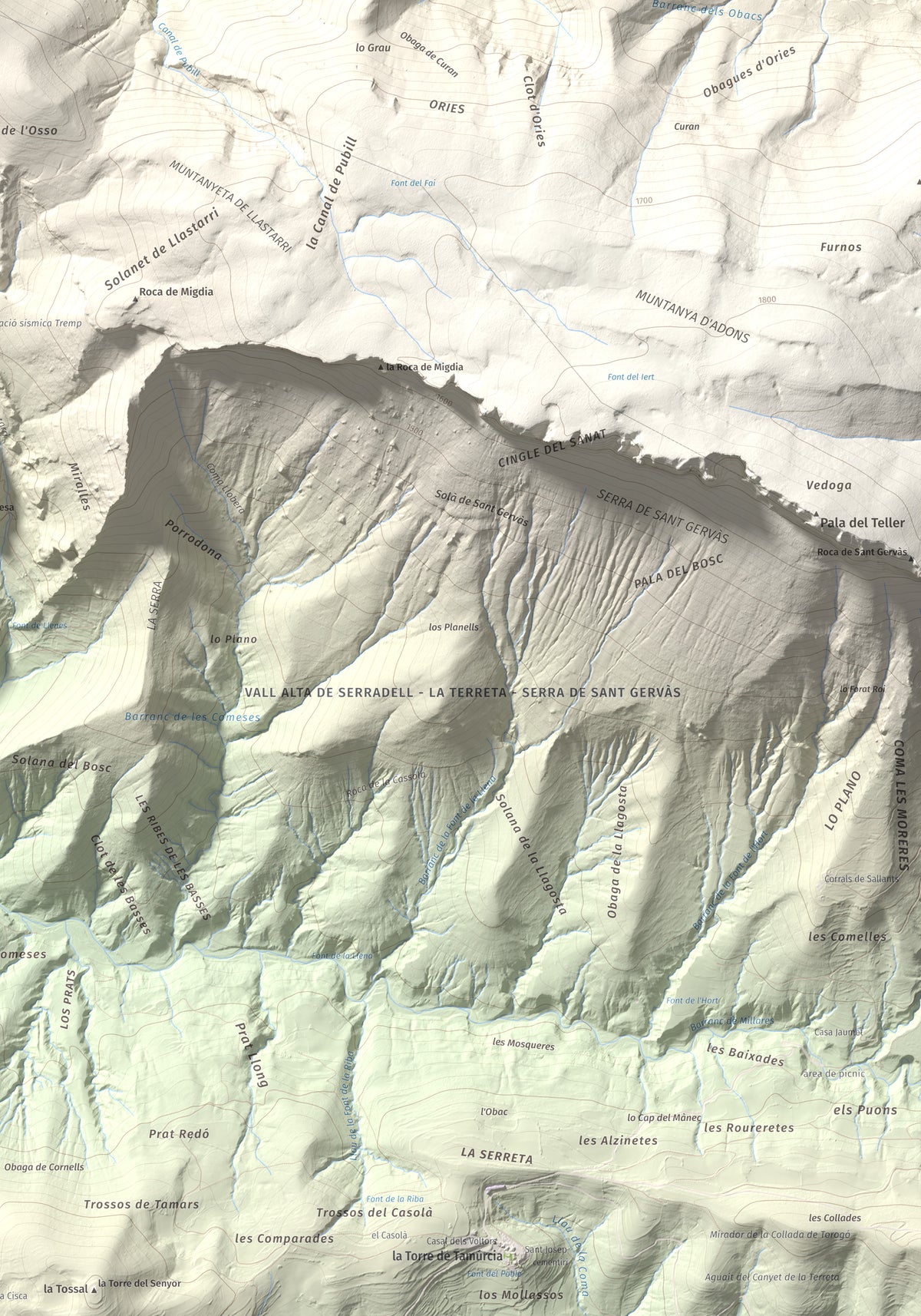 Mapa de relieve de Tossal Gros (Serra de Sant Gervàs), 1546 m, Alta Ribagorça · Pallars Jussà, lámina 100 Cims de Trobart. Detalle de la zona inferior derecha. 70 × 100 cm.