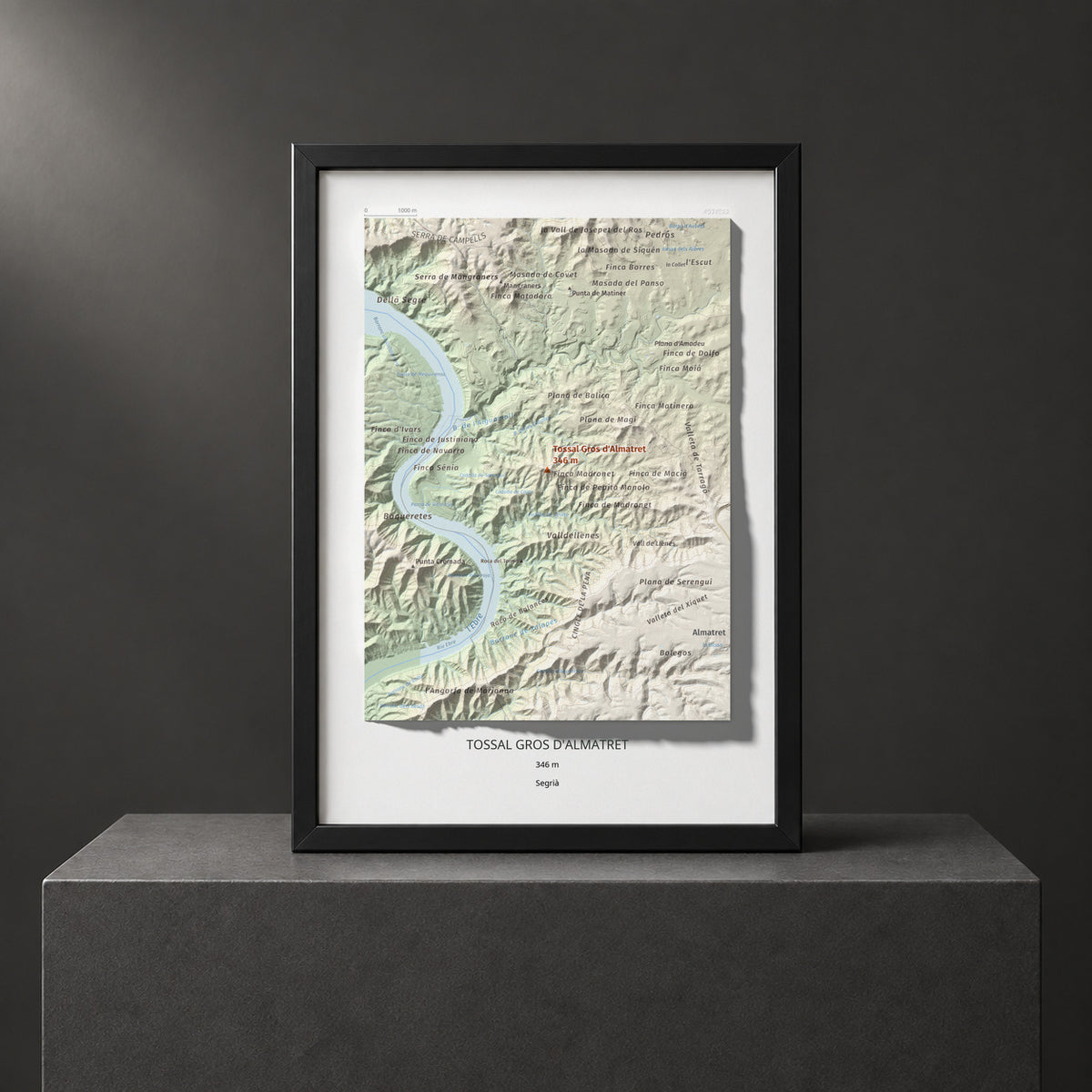 Mapa de relieve de Tossal Gros d'Almatret, 346 m, Segrià, lámina 100 Cims de Trobart. Presentación enmarcada. 21 × 30 cm.