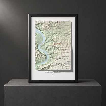 Mapa de relieve de Tossal Gros d'Almatret, 346 m, Segrià, lámina 100 Cims de Trobart. Presentación enmarcada. 21 × 30 cm.