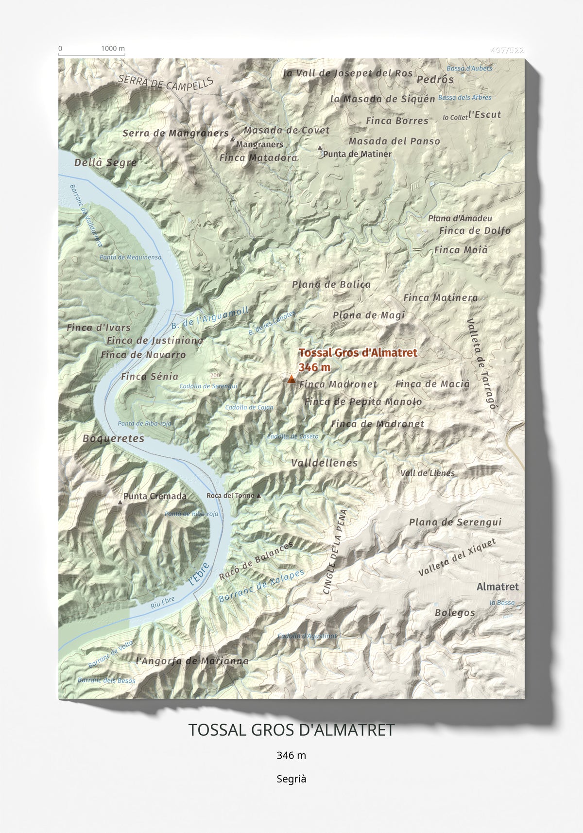 Mapa de relieve de Tossal Gros d'Almatret, 346 m, Segrià, lámina 100 Cims de Trobart 21 × 30 cm.