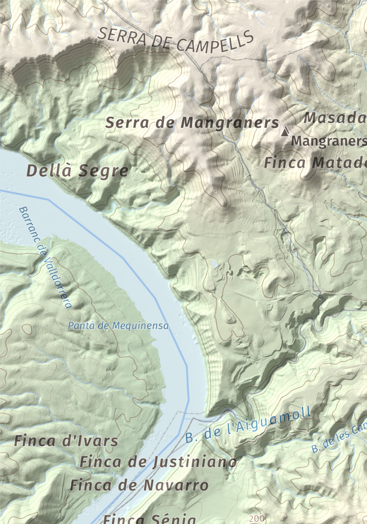 Mapa de relieve de Tossal Gros d'Almatret, 346 m, Segrià, lámina 100 Cims de Trobart. Detalle de la zona superior izquierda. 21 × 30 cm.