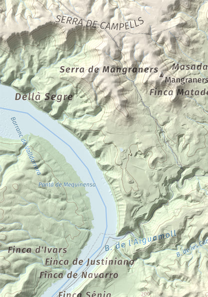 Mapa de relieve de Tossal Gros d'Almatret, 346 m, Segrià, lámina 100 Cims de Trobart. Detalle de la zona superior izquierda. 21 × 30 cm.