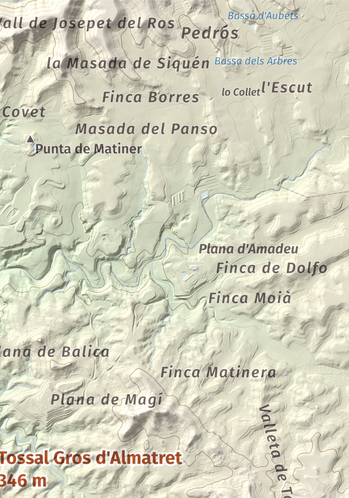 Mapa de relieve de Tossal Gros d'Almatret, 346 m, Segrià, lámina 100 Cims de Trobart. Detalle de la zona superior derecha. 21 × 30 cm.
