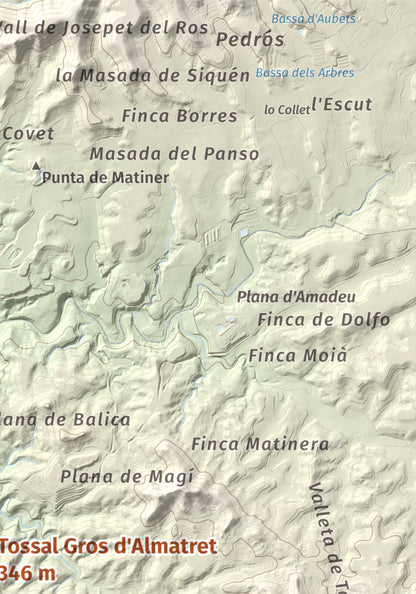 Mapa de relieve de Tossal Gros d'Almatret, 346 m, Segrià, lámina 100 Cims de Trobart. Detalle de la zona superior derecha. 21 × 30 cm.