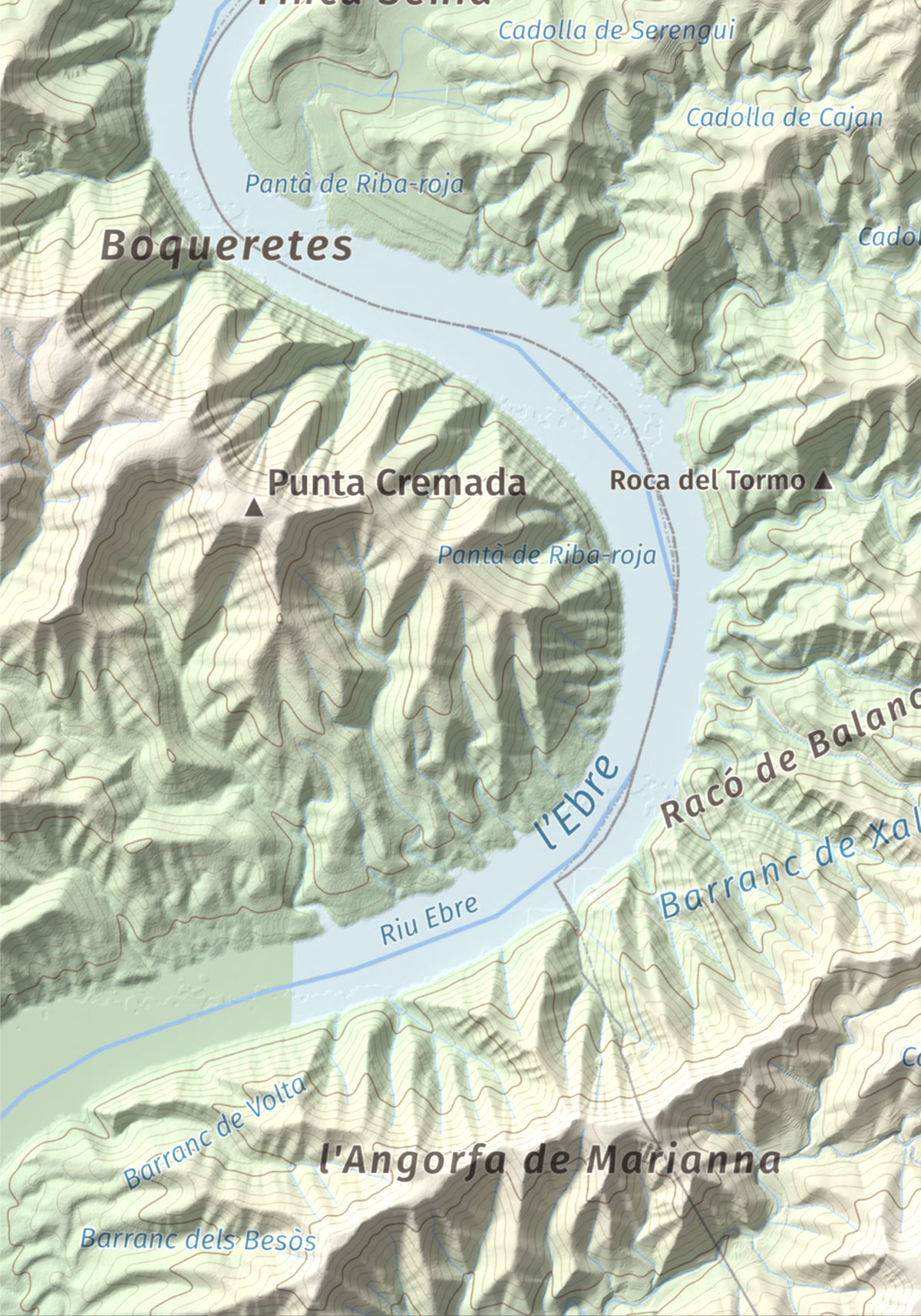 Mapa de relieve de Tossal Gros d'Almatret, 346 m, Segrià, lámina 100 Cims de Trobart. Detalle de la zona inferior izquierda. 21 × 30 cm.