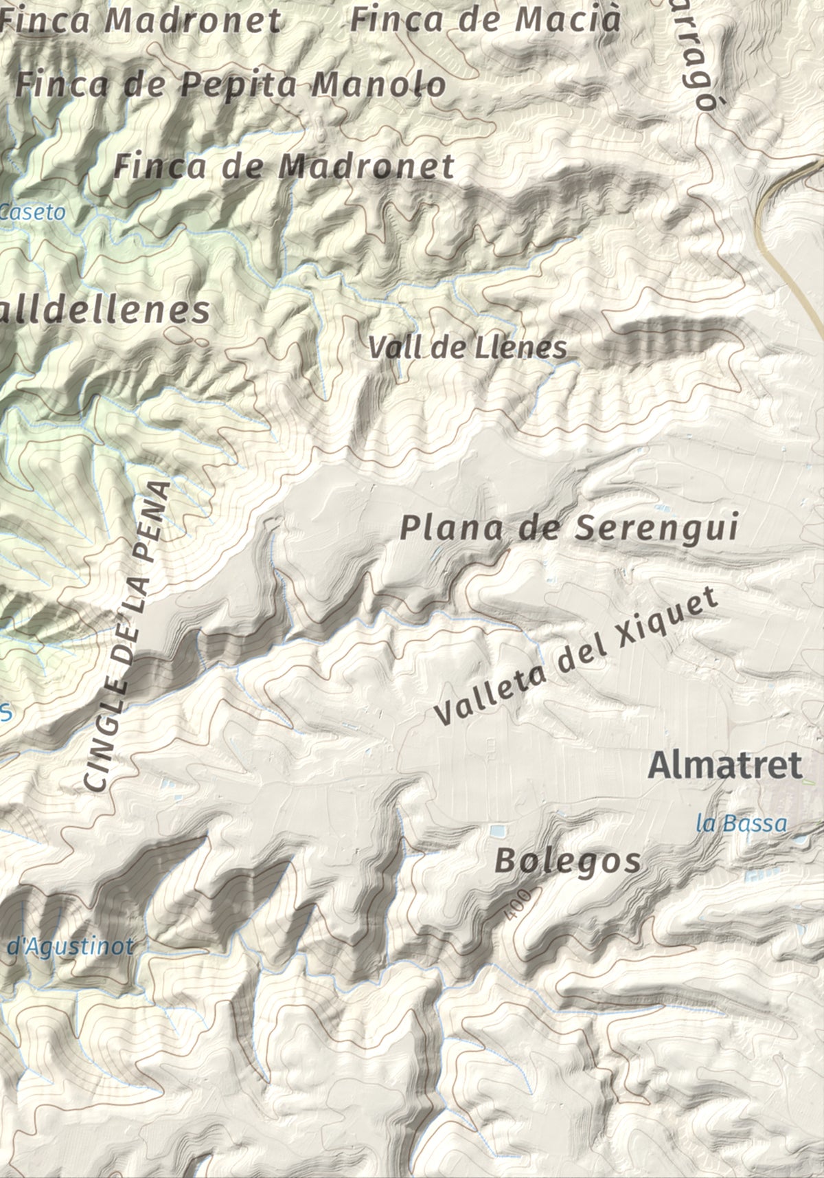 Mapa de relieve de Tossal Gros d'Almatret, 346 m, Segrià, lámina 100 Cims de Trobart. Detalle de la zona inferior derecha. 21 × 30 cm.