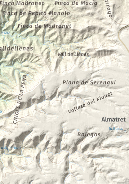 Mapa de relieve de Tossal Gros d'Almatret, 346 m, Segrià, lámina 100 Cims de Trobart. Detalle de la zona inferior derecha. 21 × 30 cm.