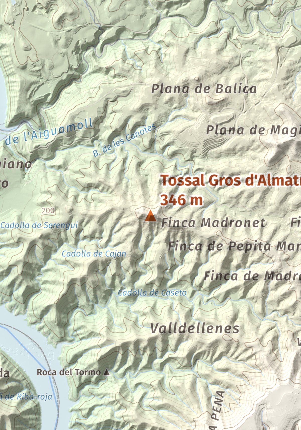 Mapa de relieve de Tossal Gros d'Almatret, 346 m, Segrià, lámina 100 Cims de Trobart. Detalle de la zona central. 21 × 30 cm.