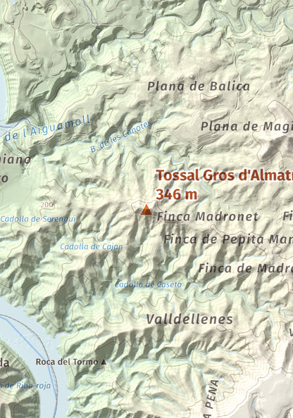 Mapa de relieve de Tossal Gros d'Almatret, 346 m, Segrià, lámina 100 Cims de Trobart. Detalle de la zona central. 21 × 30 cm.