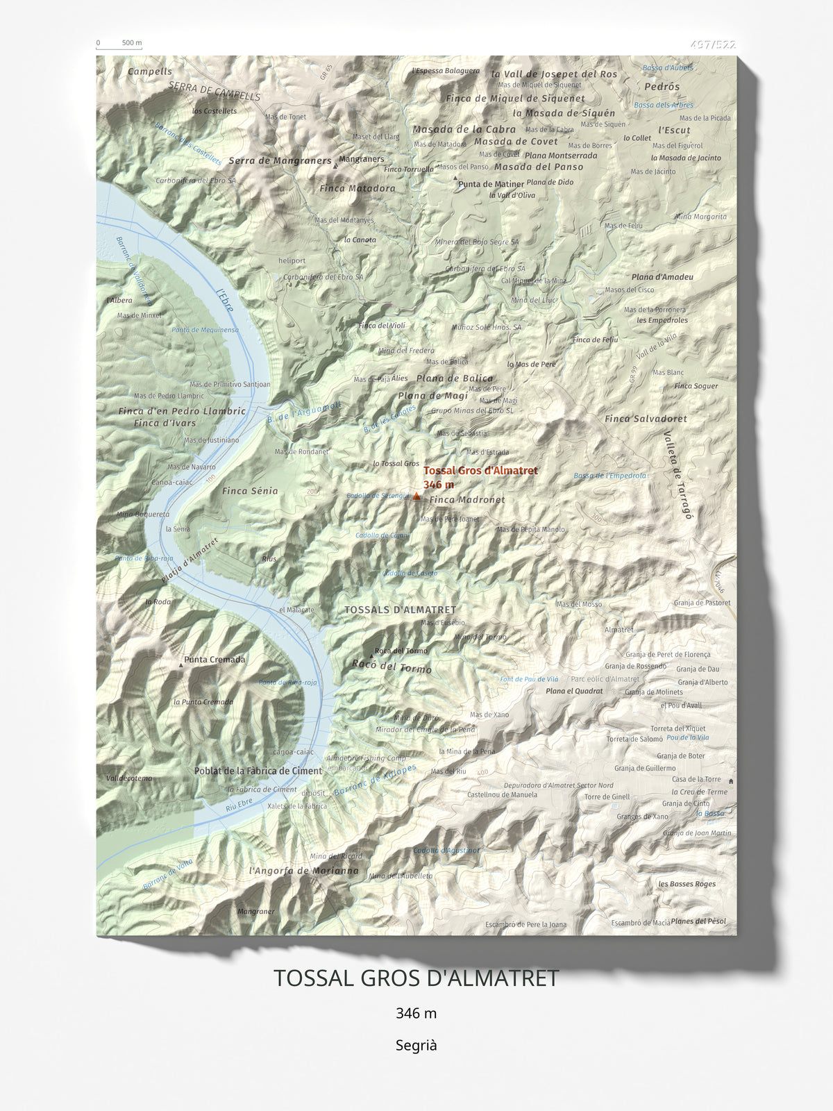 Mapa de relieve de Tossal Gros d'Almatret, 346 m, Segrià, lámina 100 Cims de Trobart 30 × 40 cm.