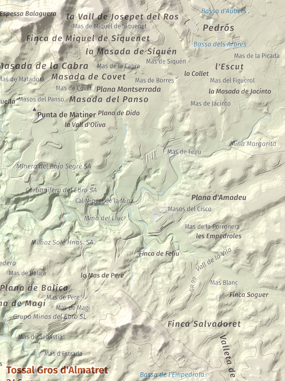 Mapa de relieve de Tossal Gros d'Almatret, 346 m, Segrià, lámina 100 Cims de Trobart. Detalle de la zona superior derecha. 30 × 40 cm.