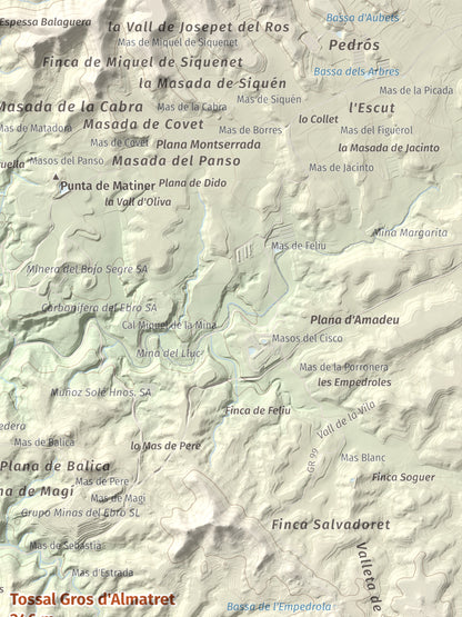 Mapa de relieve de Tossal Gros d'Almatret, 346 m, Segrià, lámina 100 Cims de Trobart. Detalle de la zona superior derecha. 30 × 40 cm.
