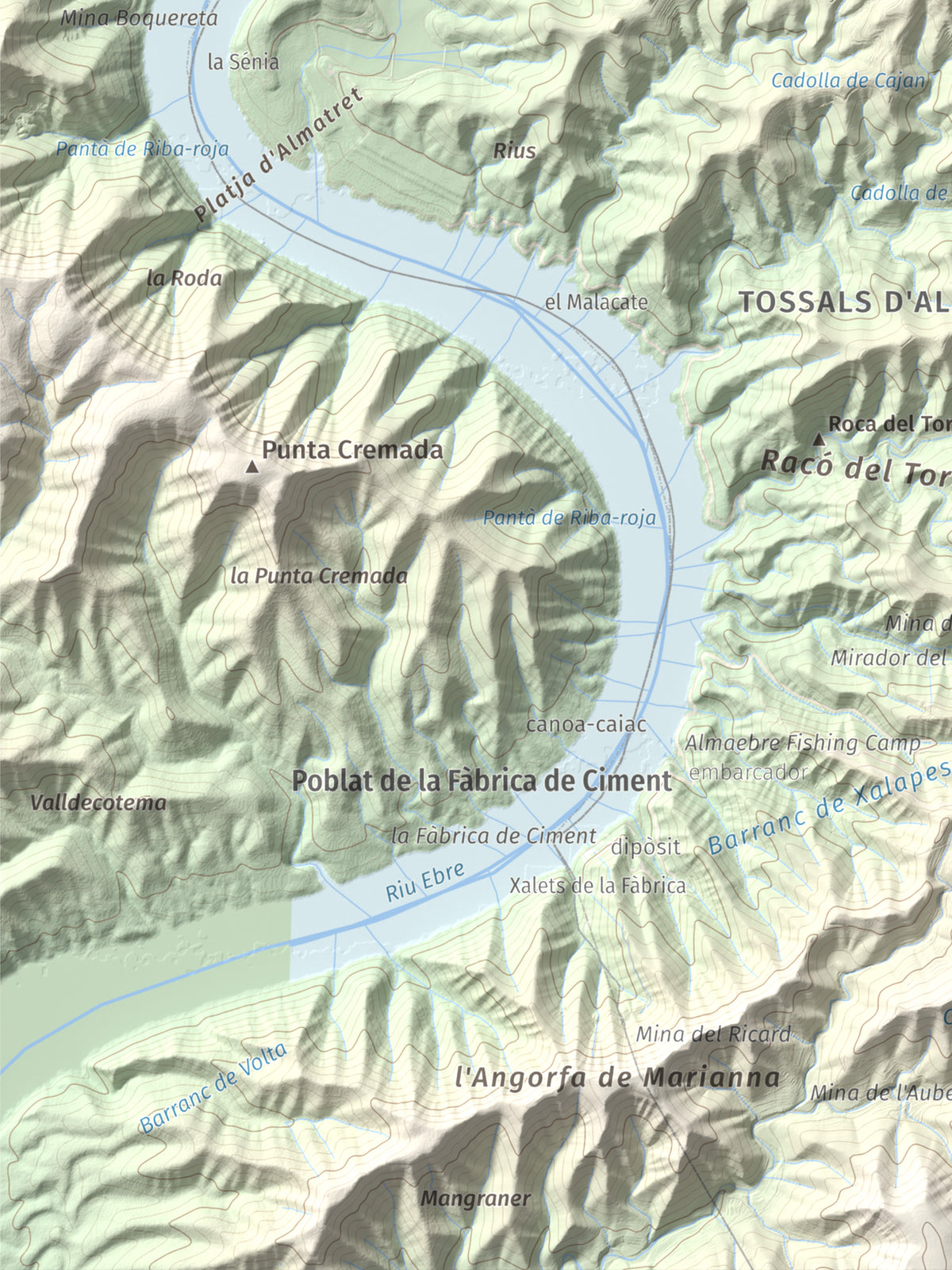 Mapa de relieve de Tossal Gros d'Almatret, 346 m, Segrià, lámina 100 Cims de Trobart. Detalle de la zona inferior izquierda. 30 × 40 cm.