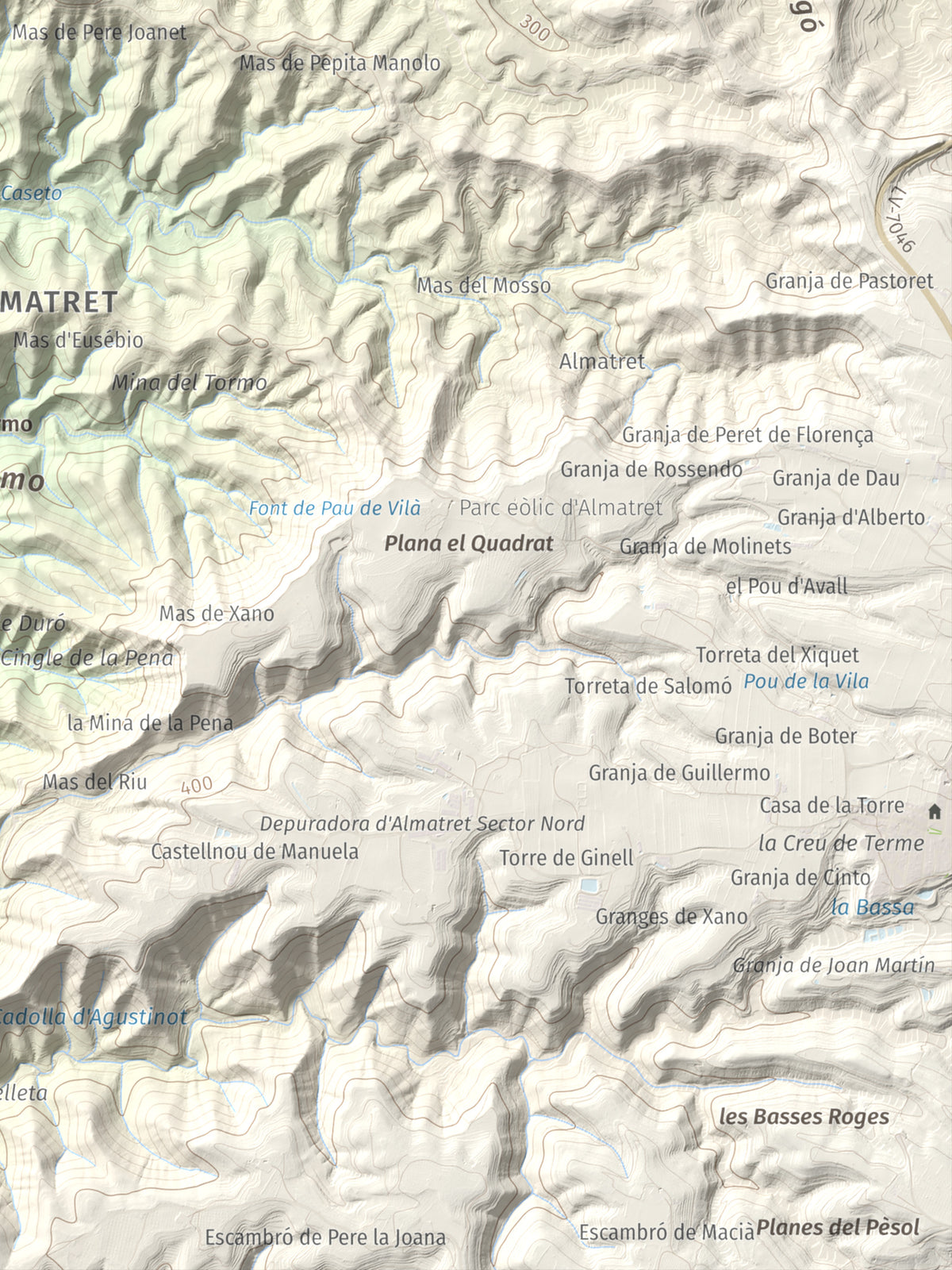 Mapa de relieve de Tossal Gros d'Almatret, 346 m, Segrià, lámina 100 Cims de Trobart. Detalle de la zona inferior derecha. 30 × 40 cm.