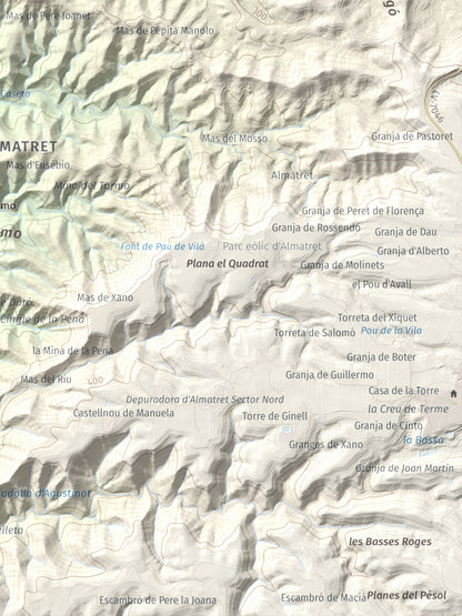 Mapa de relieve de Tossal Gros d'Almatret, 346 m, Segrià, lámina 100 Cims de Trobart. Detalle de la zona inferior derecha. 30 × 40 cm.