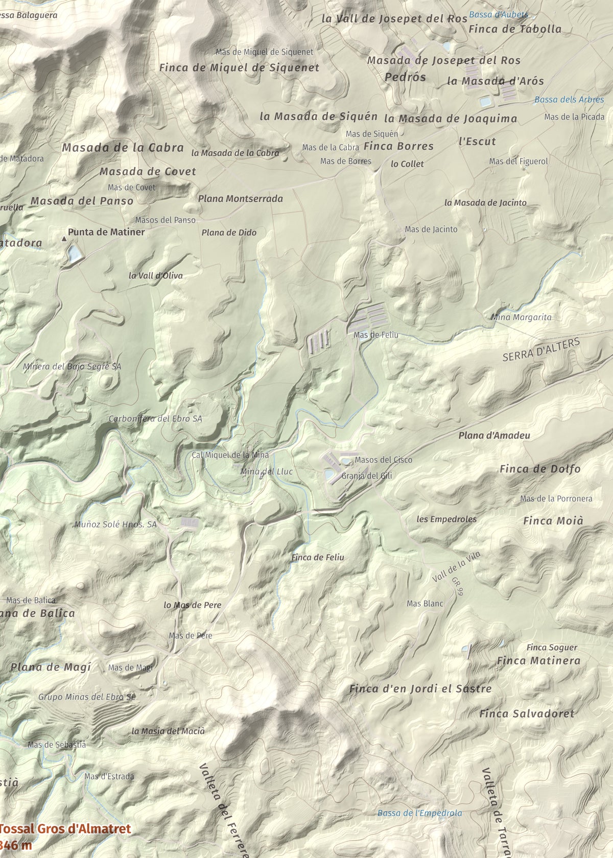 Mapa de relieve de Tossal Gros d'Almatret, 346 m, Segrià, lámina 100 Cims de Trobart. Detalle de la zona superior derecha. 50 × 70 cm.