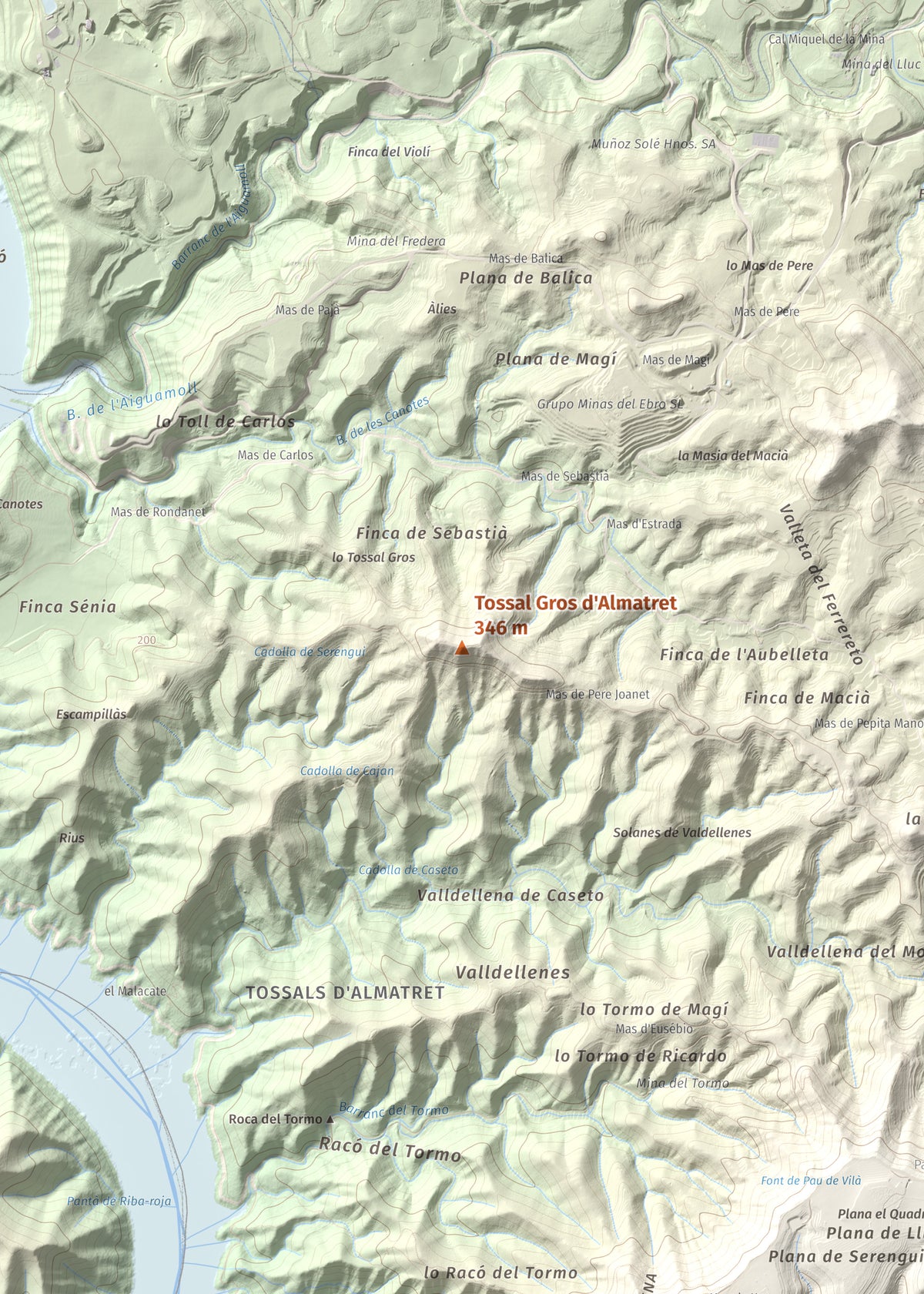 Mapa de relieve de Tossal Gros d'Almatret, 346 m, Segrià, lámina 100 Cims de Trobart. Detalle de la zona central. 50 × 70 cm.