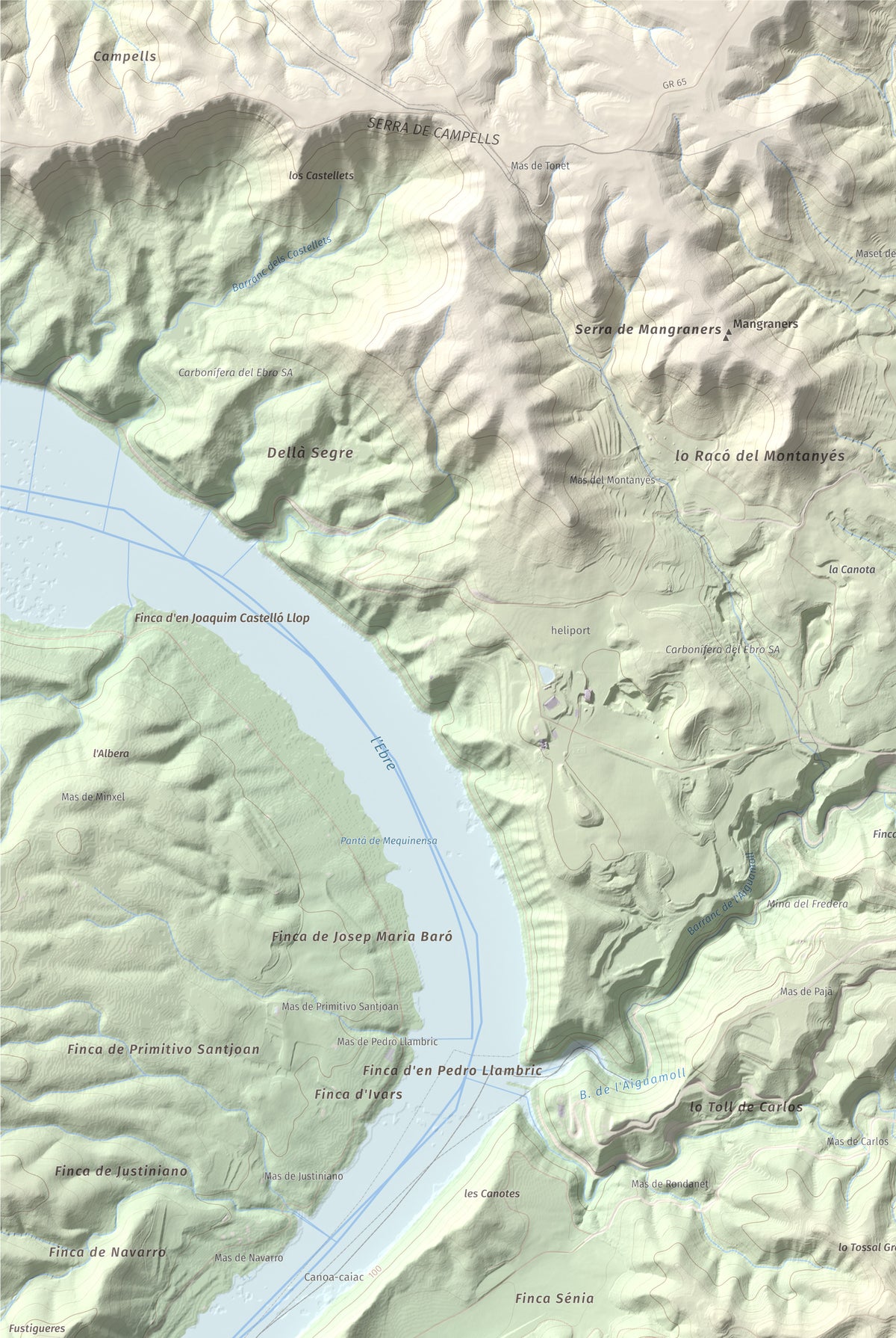 Mapa de relieve de Tossal Gros d'Almatret, 346 m, Segrià, lámina 100 Cims de Trobart. Detalle de la zona superior izquierda. 61 × 91 cm.