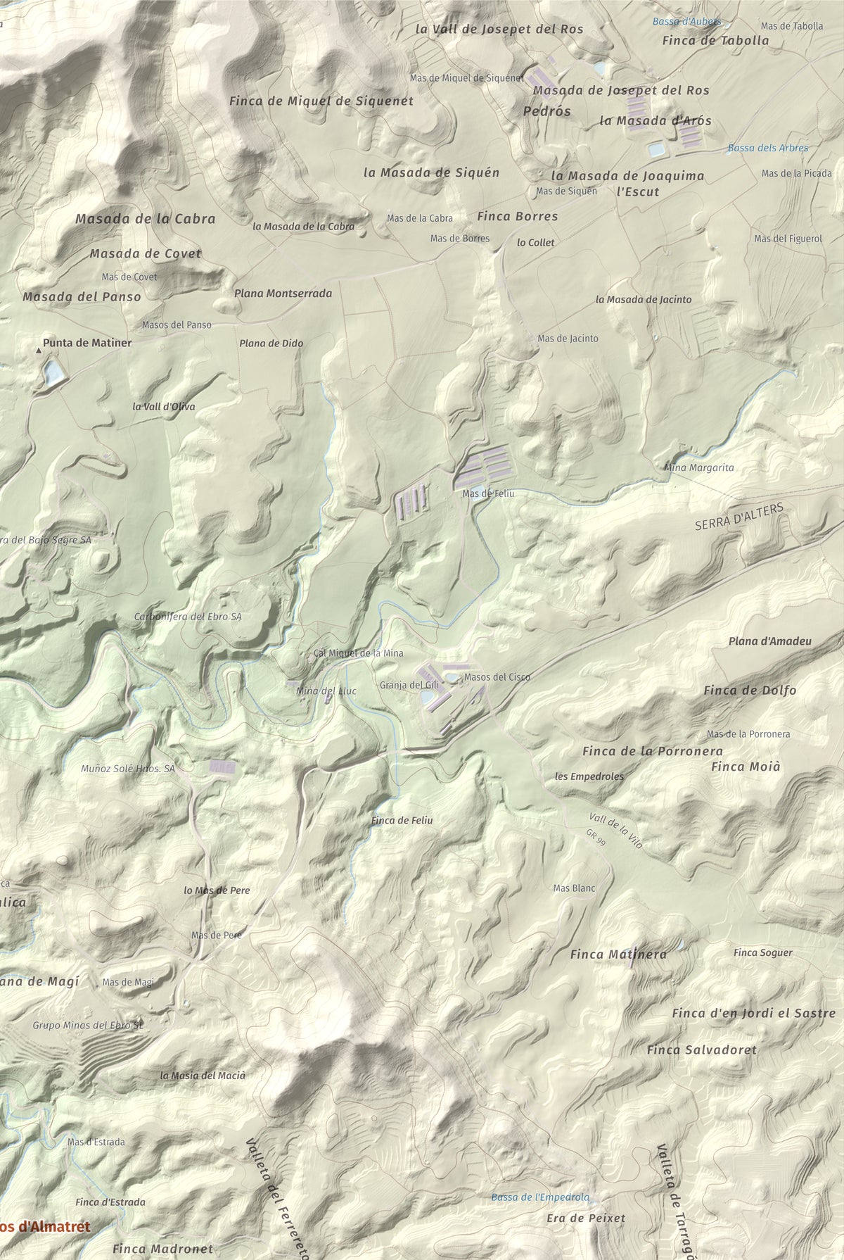Mapa de relieve de Tossal Gros d'Almatret, 346 m, Segrià, lámina 100 Cims de Trobart. Detalle de la zona superior derecha. 61 × 91 cm.