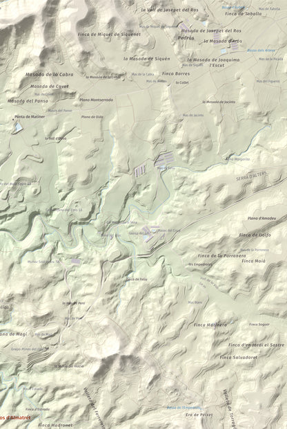 Mapa de relieve de Tossal Gros d'Almatret, 346 m, Segrià, lámina 100 Cims de Trobart. Detalle de la zona superior derecha. 61 × 91 cm.