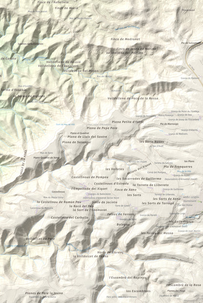 Mapa de relieve de Tossal Gros d'Almatret, 346 m, Segrià, lámina 100 Cims de Trobart. Detalle de la zona inferior derecha. 61 × 91 cm.