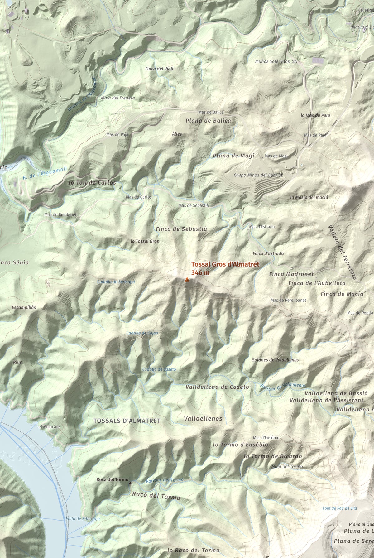 Mapa de relieve de Tossal Gros d'Almatret, 346 m, Segrià, lámina 100 Cims de Trobart. Detalle de la zona central. 61 × 91 cm.