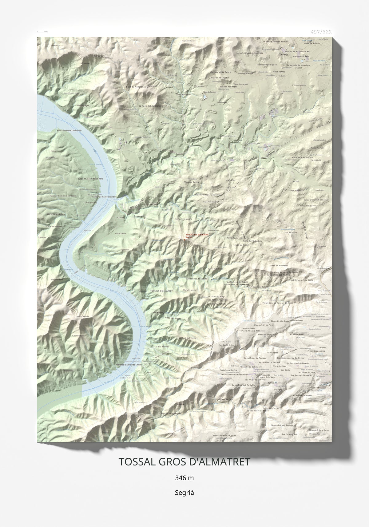 Mapa de relieve de Tossal Gros d'Almatret, 346 m, Segrià, lámina 100 Cims de Trobart 70 × 100 cm.