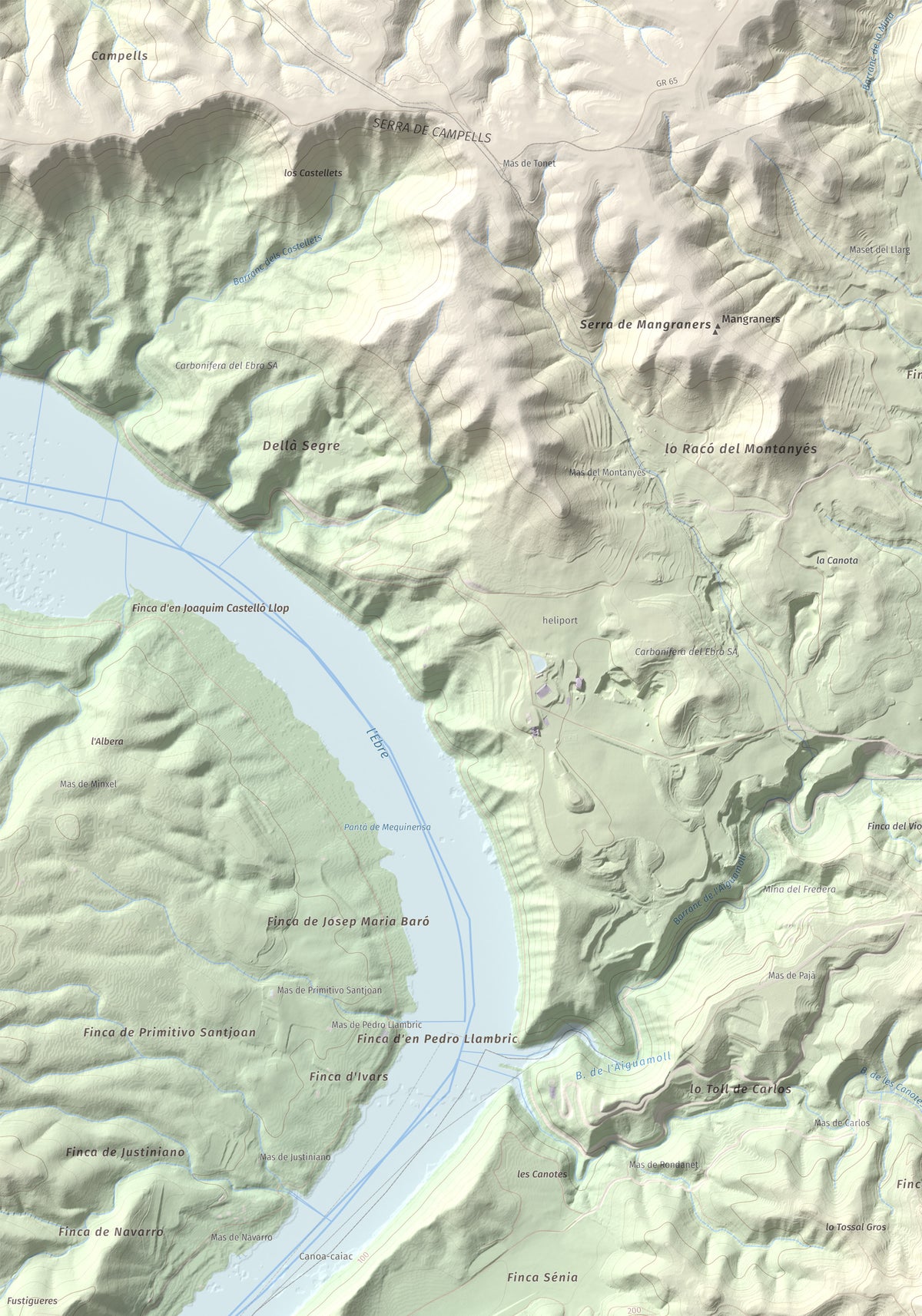 Mapa de relieve de Tossal Gros d'Almatret, 346 m, Segrià, lámina 100 Cims de Trobart. Detalle de la zona superior izquierda. 70 × 100 cm.