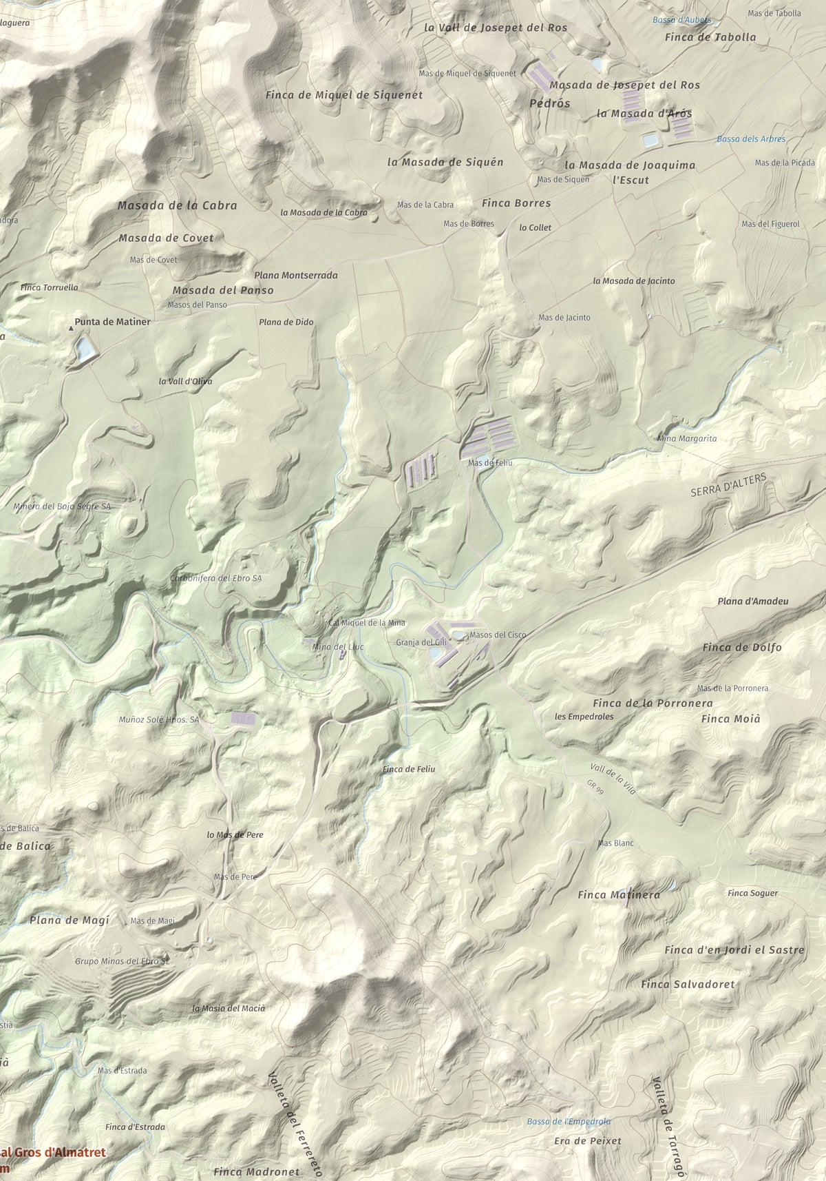 Mapa de relieve de Tossal Gros d'Almatret, 346 m, Segrià, lámina 100 Cims de Trobart. Detalle de la zona superior derecha. 70 × 100 cm.