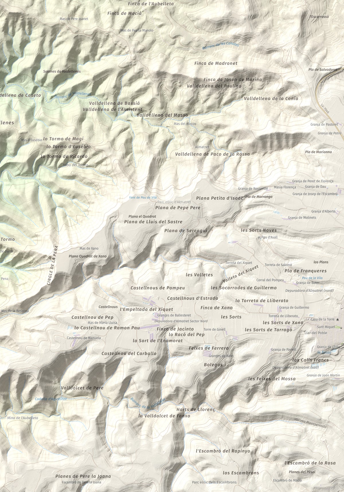 Mapa de relieve de Tossal Gros d'Almatret, 346 m, Segrià, lámina 100 Cims de Trobart. Detalle de la zona inferior derecha. 70 × 100 cm.