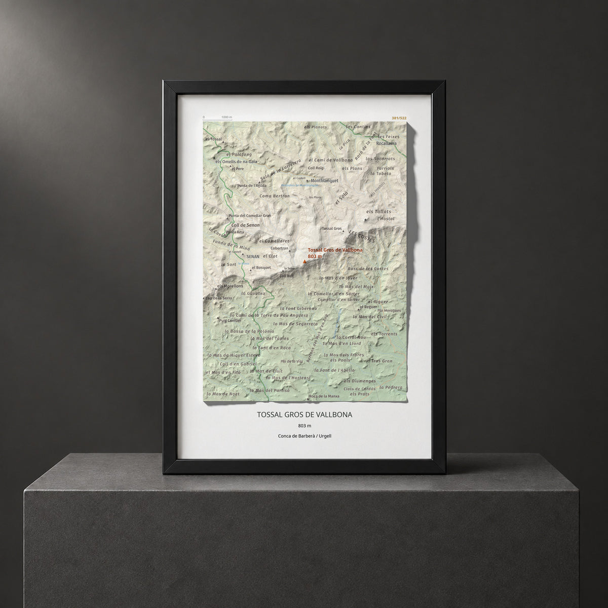 Mapa de relieve de Tossal Gros de Vallbona, 803 m, Conca de Barberà · Urgell, lámina 100 Cims de Trobart. Presentación enmarcada. 21 × 30 cm.