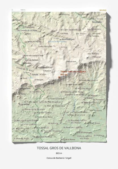 Mapa de relieve de Tossal Gros de Vallbona, 803 m, Conca de Barberà · Urgell, lámina 100 Cims de Trobart 21 × 30 cm.