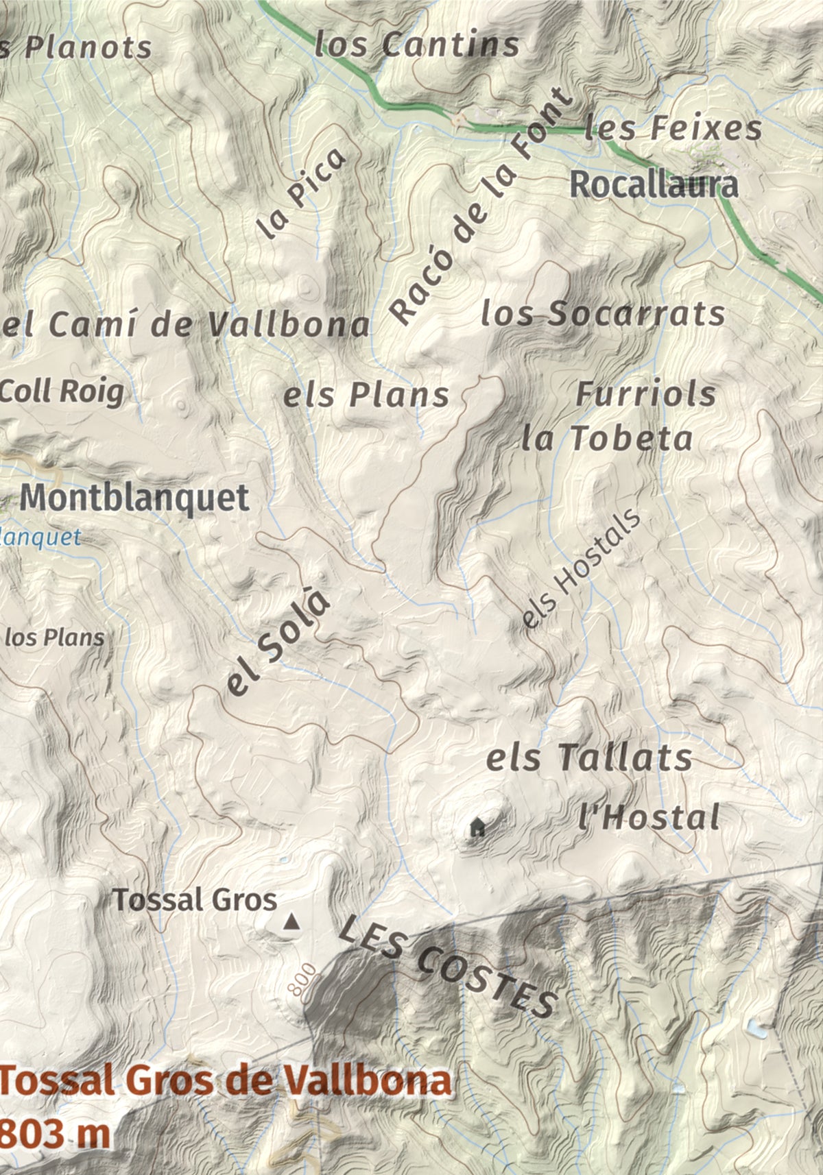 Mapa de relieve de Tossal Gros de Vallbona, 803 m, Conca de Barberà · Urgell, lámina 100 Cims de Trobart. Detalle de la zona superior derecha. 21 × 30 cm.