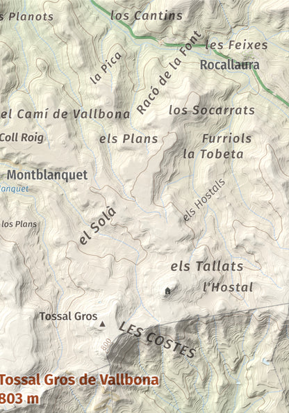 Mapa de relieve de Tossal Gros de Vallbona, 803 m, Conca de Barberà · Urgell, lámina 100 Cims de Trobart. Detalle de la zona superior derecha. 21 × 30 cm.