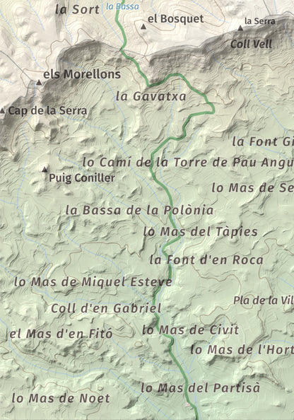 Mapa de relieve de Tossal Gros de Vallbona, 803 m, Conca de Barberà · Urgell, lámina 100 Cims de Trobart. Detalle de la zona inferior izquierda. 21 × 30 cm.