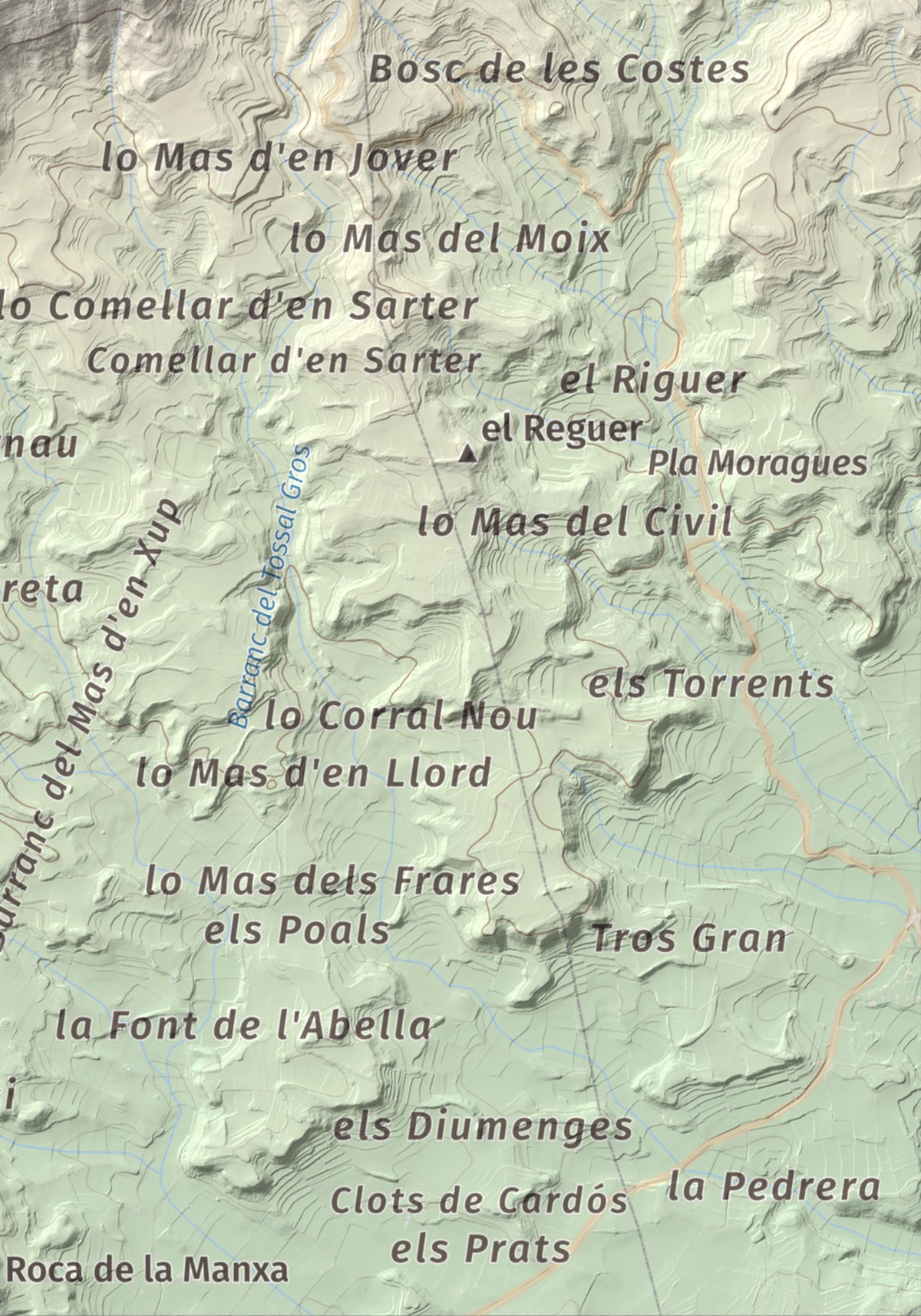 Mapa de relieve de Tossal Gros de Vallbona, 803 m, Conca de Barberà · Urgell, lámina 100 Cims de Trobart. Detalle de la zona inferior derecha. 21 × 30 cm.