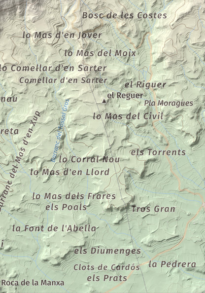 Mapa de relieve de Tossal Gros de Vallbona, 803 m, Conca de Barberà · Urgell, lámina 100 Cims de Trobart. Detalle de la zona inferior derecha. 21 × 30 cm.
