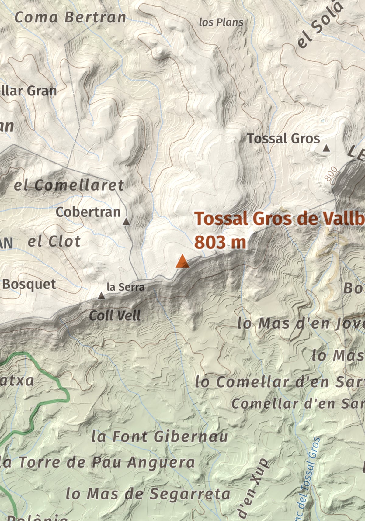 Mapa de relieve de Tossal Gros de Vallbona, 803 m, Conca de Barberà · Urgell, lámina 100 Cims de Trobart. Detalle de la zona central. 21 × 30 cm.
