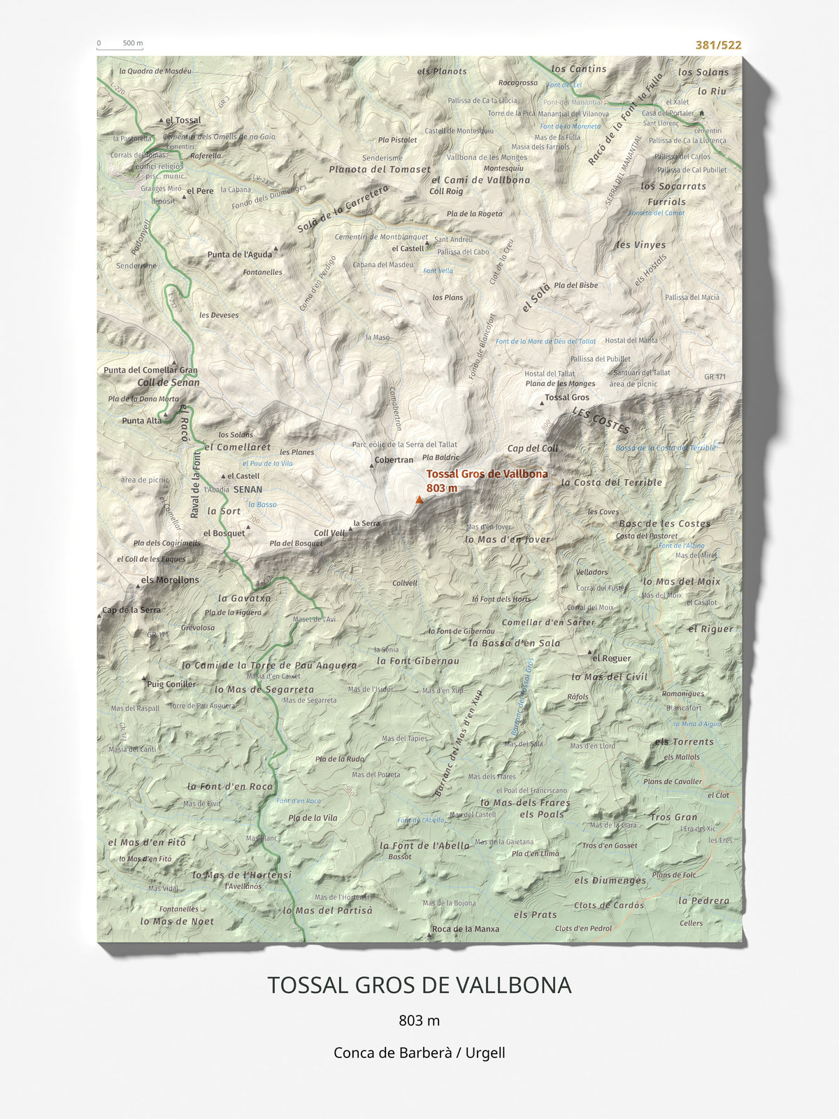 Mapa de relieve de Tossal Gros de Vallbona, 803 m, Conca de Barberà · Urgell, lámina 100 Cims de Trobart 30 × 40 cm.
