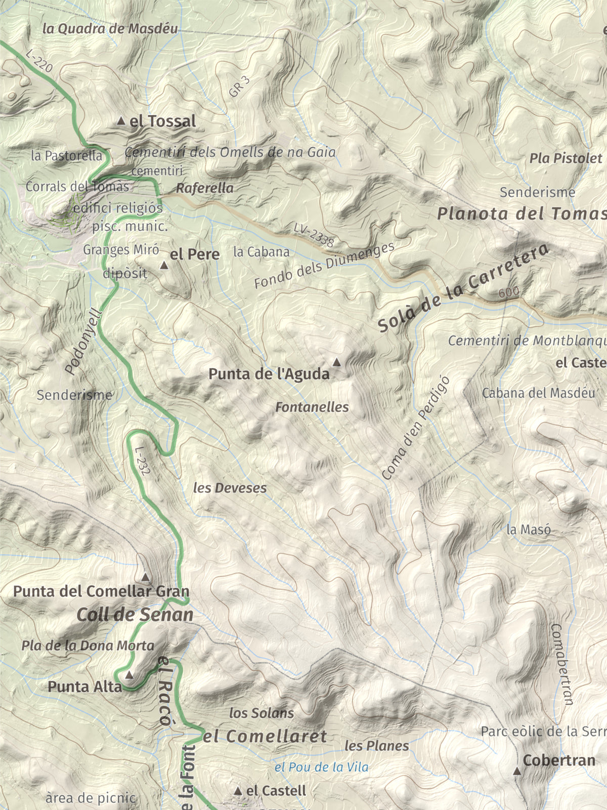 Mapa de relieve de Tossal Gros de Vallbona, 803 m, Conca de Barberà · Urgell, lámina 100 Cims de Trobart. Detalle de la zona superior izquierda. 30 × 40 cm.