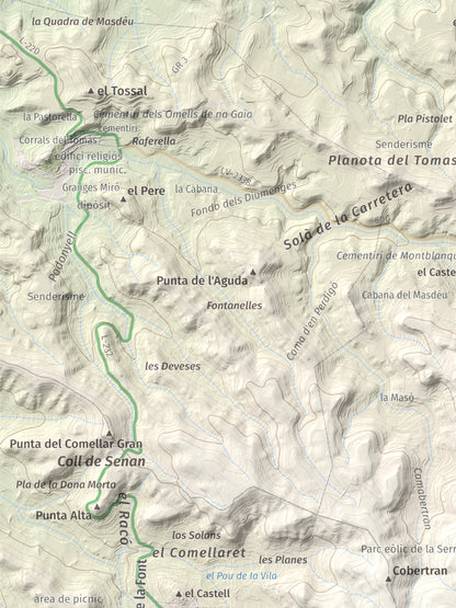 Mapa de relieve de Tossal Gros de Vallbona, 803 m, Conca de Barberà · Urgell, lámina 100 Cims de Trobart. Detalle de la zona superior izquierda. 30 × 40 cm.
