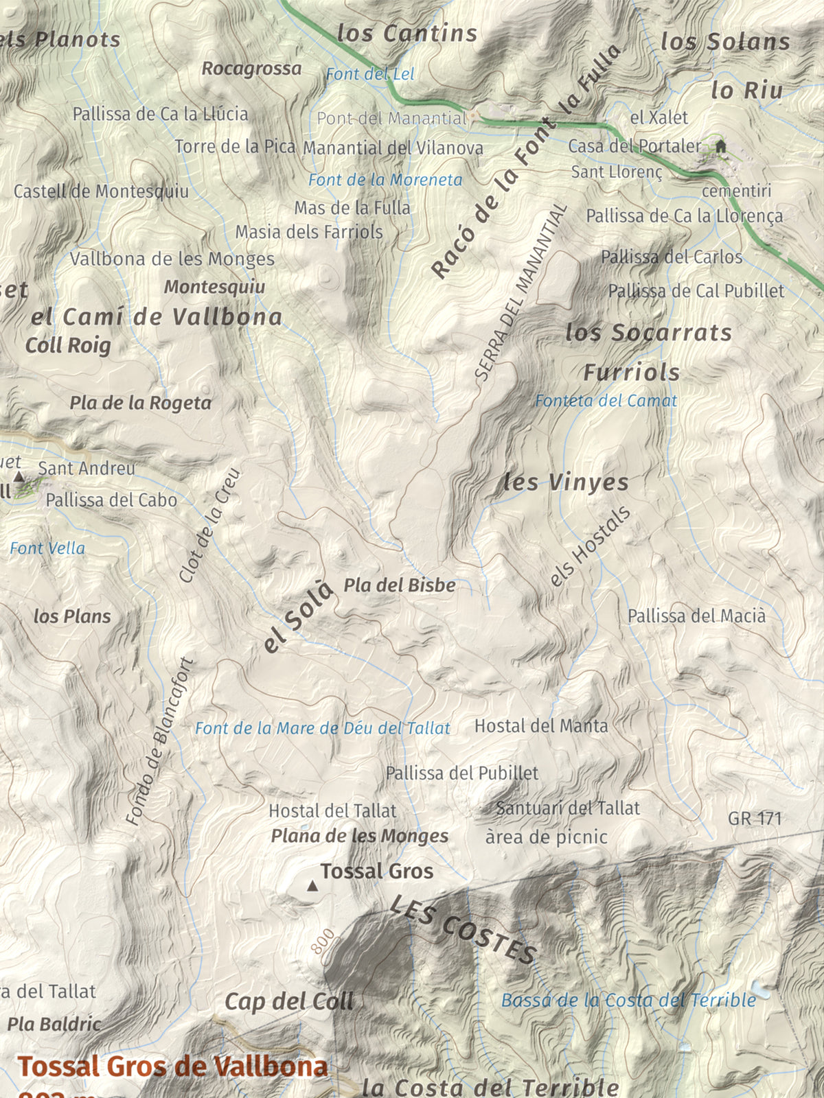 Mapa de relieve de Tossal Gros de Vallbona, 803 m, Conca de Barberà · Urgell, lámina 100 Cims de Trobart. Detalle de la zona superior derecha. 30 × 40 cm.
