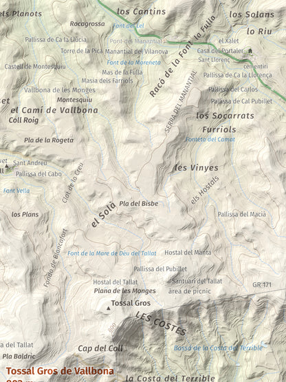 Mapa de relieve de Tossal Gros de Vallbona, 803 m, Conca de Barberà · Urgell, lámina 100 Cims de Trobart. Detalle de la zona superior derecha. 30 × 40 cm.