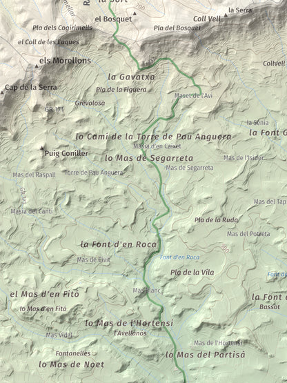 Mapa de relieve de Tossal Gros de Vallbona, 803 m, Conca de Barberà · Urgell, lámina 100 Cims de Trobart. Detalle de la zona inferior izquierda. 30 × 40 cm.