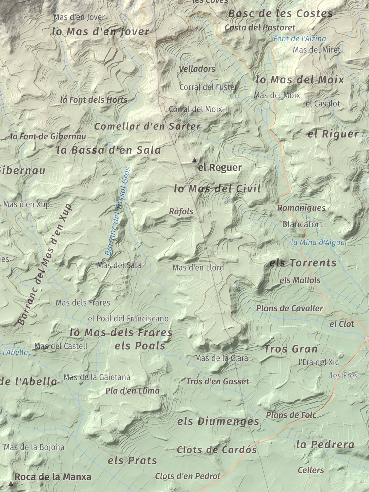 Mapa de relieve de Tossal Gros de Vallbona, 803 m, Conca de Barberà · Urgell, lámina 100 Cims de Trobart. Detalle de la zona inferior derecha. 30 × 40 cm.