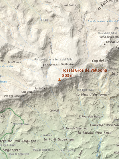 Mapa de relieve de Tossal Gros de Vallbona, 803 m, Conca de Barberà · Urgell, lámina 100 Cims de Trobart. Detalle de la zona central. 30 × 40 cm.