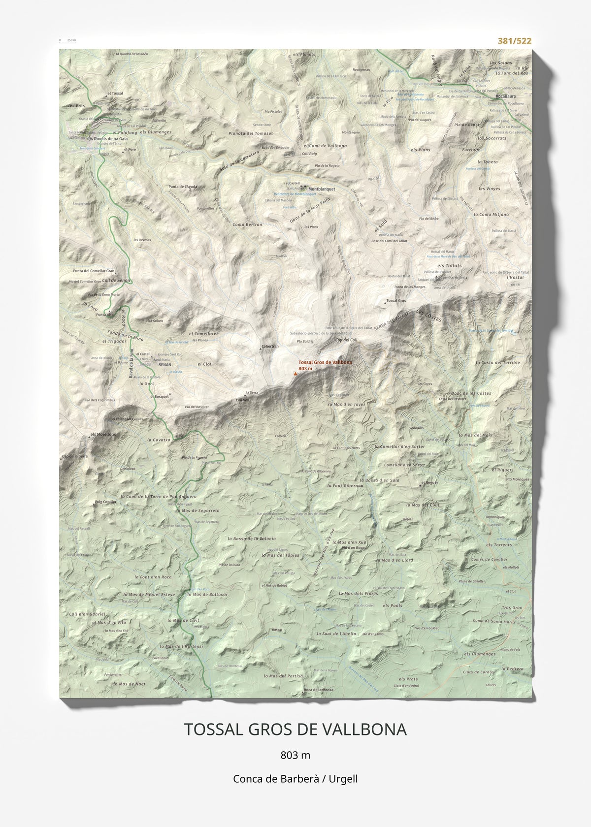 Mapa de relieve de Tossal Gros de Vallbona, 803 m, Conca de Barberà · Urgell, lámina 100 Cims de Trobart 50 × 70 cm.