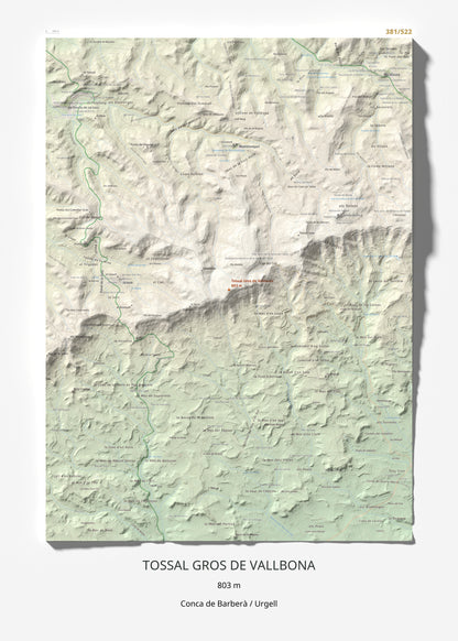 Mapa de relieve de Tossal Gros de Vallbona, 803 m, Conca de Barberà · Urgell, lámina 100 Cims de Trobart 50 × 70 cm.