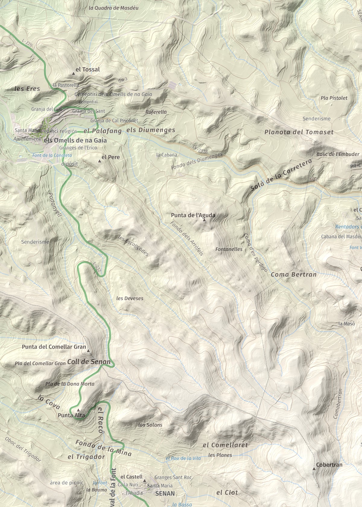 Mapa de relieve de Tossal Gros de Vallbona, 803 m, Conca de Barberà · Urgell, lámina 100 Cims de Trobart. Detalle de la zona superior izquierda. 50 × 70 cm.